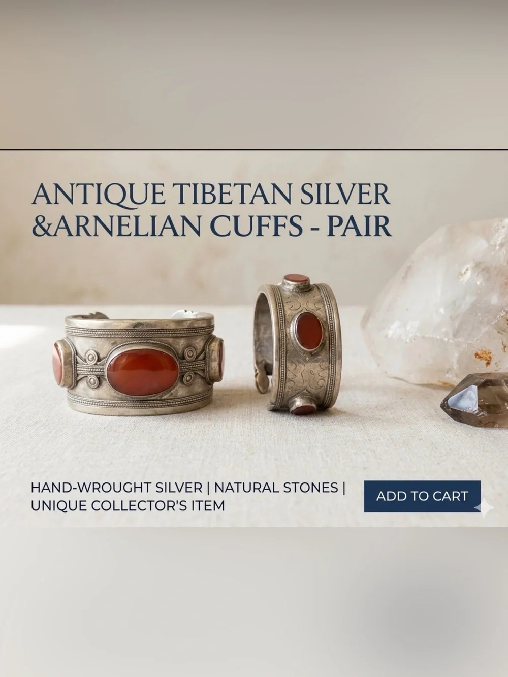 Tibetan Silver Cuff Bracelets with Red Carnelian Stones - Pair